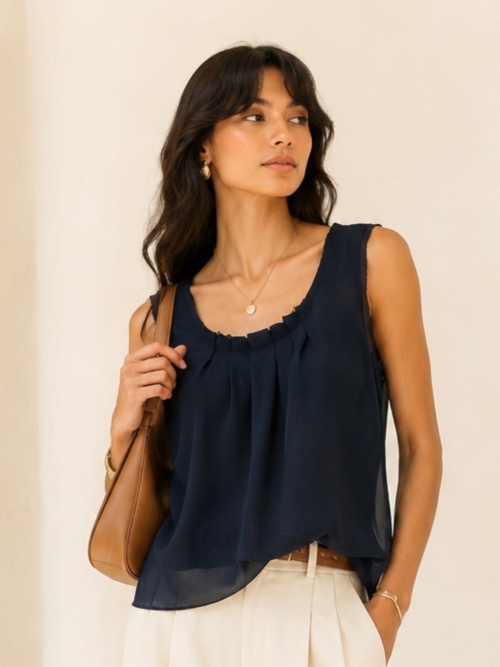 Tory Burch Navy Silk Pleated Blouse Quiet Luxury Editorial Sz 12